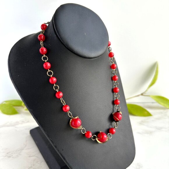 Art Deco Metal Wrapped Red Glass Bead Necklace 16" Vintage Jewelry - Picture 2 of 11